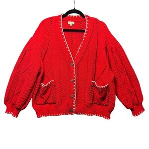 POL Red Cable Knit Cardigan M Oversized Chunky Button Front Boho‎ Sweater